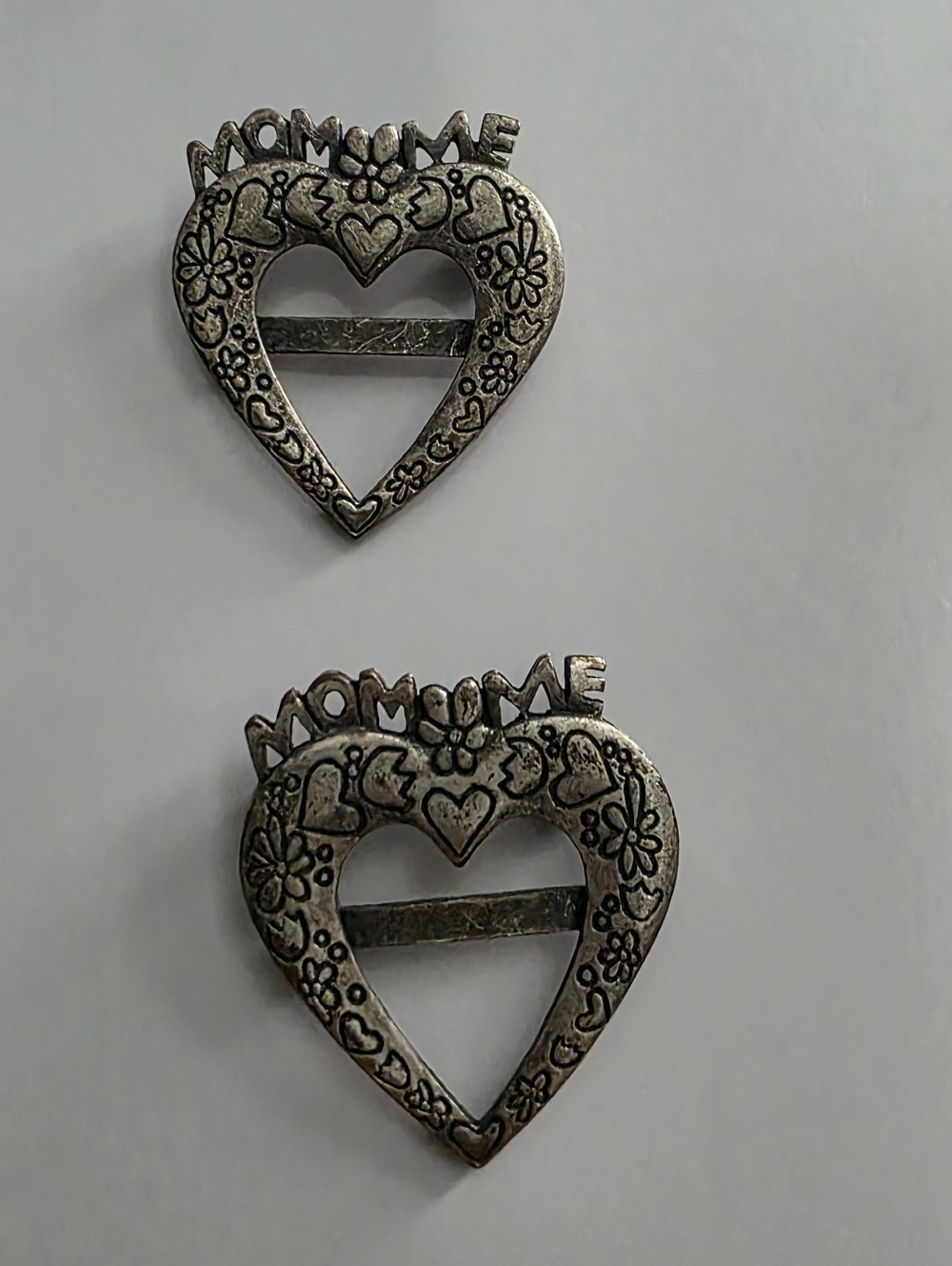 2 Vintage Mom Heart Brooch Silver Tone Floral Love Pin Gift for Mom
